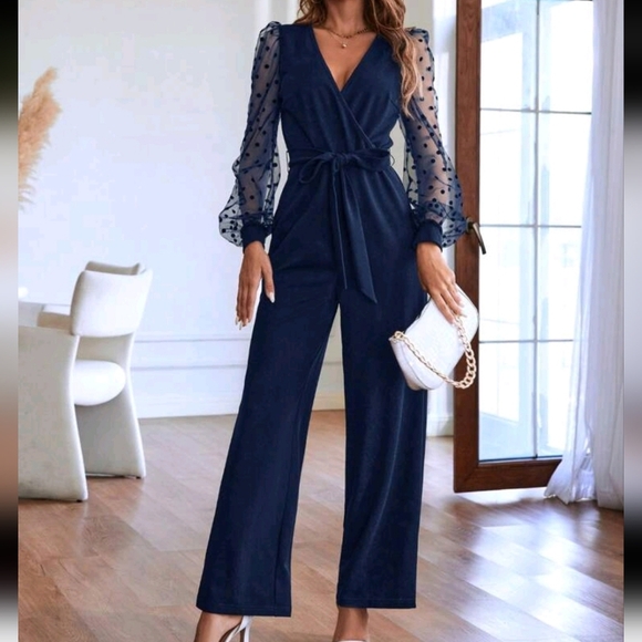 Contrast Dobby Mesh Lantern Sleeve Belted Jumpsuit - Picture 1 of 4